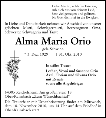 Traueranzeige von Alma Maria Orio von Odenwälder Echo
