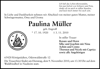 Traueranzeige von Paulina Müller von Rüsselsheimer Echo, Groß-Gerauer-Echo, Ried Echo