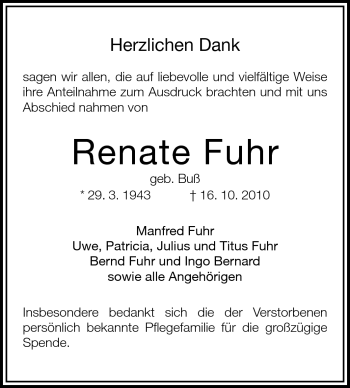 Traueranzeige von Renate Fuhr von Starkenburger Echo