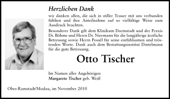 Traueranzeige von Otto Tischer von Darmstädter Echo, Odenwälder Echo, Rüsselsheimer Echo, Groß-Gerauer-Echo, Ried Echo