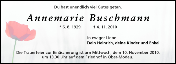 Traueranzeige von Annemarie Buschmann von Darmstädter Echo, Odenwälder Echo, Rüsselsheimer Echo, Groß-Gerauer-Echo, Ried Echo
