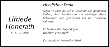 Traueranzeige von Elfriede Honerath von Darmstädter Echo, Odenwälder Echo, Rüsselsheimer Echo, Groß-Gerauer-Echo, Ried Echo