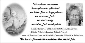 Traueranzeige von Beste Freundin von Rüsselsheimer Echo, Groß-Gerauer-Echo, Ried Echo