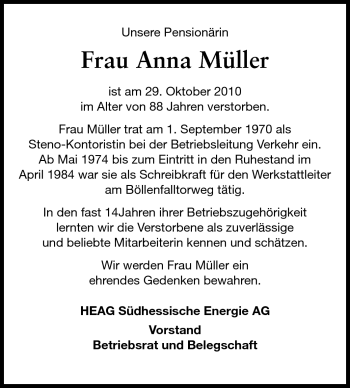 Traueranzeige von Anna Müller von Darmstädter Echo, Odenwälder Echo, Rüsselsheimer Echo, Groß-Gerauer-Echo, Ried Echo