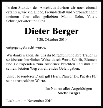 Traueranzeige von Dieter Berger von Rüsselsheimer Echo, Groß-Gerauer-Echo, Ried Echo