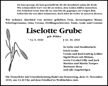 Traueranzeige von Liselotte Grube von Rüsselsheimer Echo, Groß-Gerauer-Echo, Ried Echo