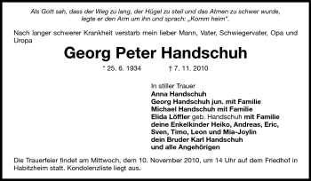 Traueranzeige von Georg Peter Handschuh von Darmstädter Echo, Odenwälder Echo, Rüsselsheimer Echo, Groß-Gerauer-Echo, Ried Echo