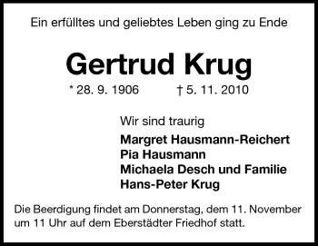 Traueranzeige von Gertrud Krug von Darmstädter Echo, Odenwälder Echo, Rüsselsheimer Echo, Groß-Gerauer-Echo, Ried Echo