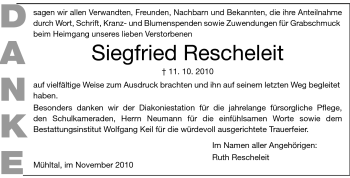 Traueranzeige von Siegfried Rescheleit von Darmstädter Echo, Odenwälder Echo, Rüsselsheimer Echo, Groß-Gerauer-Echo, Ried Echo