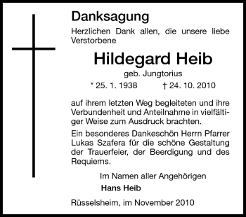 Traueranzeige von Hildegard Heib von Rüsselsheimer Echo, Groß-Gerauer-Echo, Ried Echo