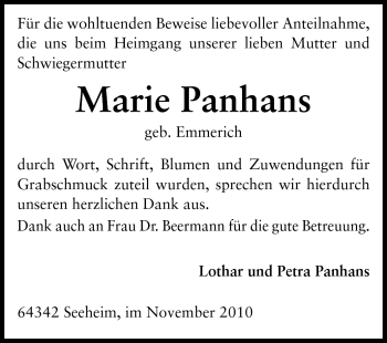 Traueranzeige von Marie Panhans von Echo-Zeitungen (Gesamtausgabe)