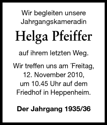 Traueranzeige von Helga Pfeiffer von Starkenburger Echo