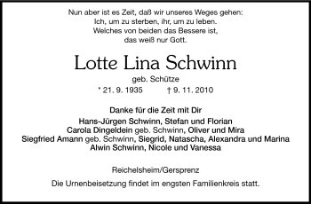 Traueranzeige von Lotte Lina Schwinn von Odenwälder Echo