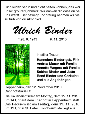 Traueranzeige von Ulrich Binder von Starkenburger Echo