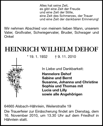 Traueranzeige von Heinrich Wilhelm Dehof von Echo-Zeitungen (Gesamtausgabe)