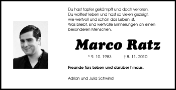 Traueranzeige von Marco Ratz von Darmstädter Echo, Odenwälder Echo, Rüsselsheimer Echo, Groß-Gerauer-Echo, Ried Echo