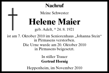Traueranzeige von Helene Maier von Starkenburger Echo