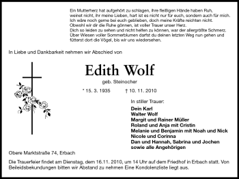 Traueranzeige von Edith Wolf von Odenwälder Echo