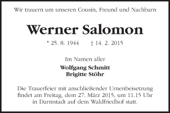 Traueranzeige von Werner Salomon von Echo-Zeitungen (Gesamtausgabe)