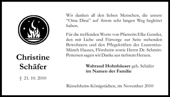 Traueranzeige von Christine Schäfer von Rüsselsheimer Echo, Groß-Gerauer-Echo, Ried Echo