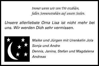 Traueranzeige von Oma Lisa von Rüsselsheimer Echo, Groß-Gerauer-Echo, Ried Echo