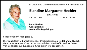 Traueranzeige von Blandine Hechler von Echo-Zeitungen (Gesamtausgabe)