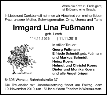 Traueranzeige von Irmgard Fußmann von Echo-Zeitungen (Gesamtausgabe)