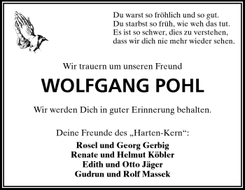 Traueranzeige von Wolfgang Pohl von Odenwälder Echo