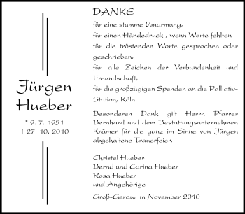Traueranzeige von Jürgen Hueber von Rüsselsheimer Echo, Groß-Gerauer-Echo, Ried Echo