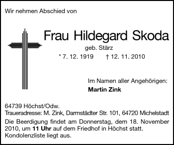 Traueranzeige von Hildegard Skoda von Odenwälder Echo