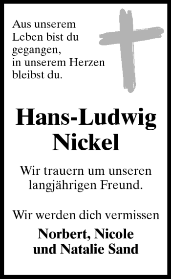 Traueranzeige von Hans-Ludwig Nickel von Darmstädter Echo, Odenwälder Echo, Rüsselsheimer Echo, Groß-Gerauer-Echo, Ried Echo