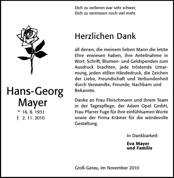 Traueranzeige von Hans-Georg Mayer von Rüsselsheimer Echo, Groß-Gerauer-Echo, Ried Echo