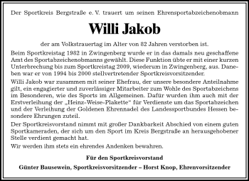 Traueranzeige von Willi Jakob von Starkenburger Echo