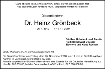 Traueranzeige von Dr. Hweinz Grönbeck von Echo-Zeitungen (Gesamtausgabe)