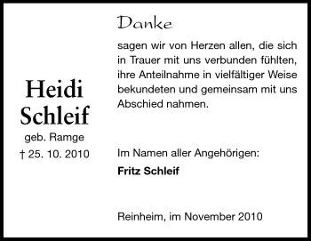 Traueranzeige von Heidi Schleif von Darmstädter Echo, Odenwälder Echo, Rüsselsheimer Echo, Groß-Gerauer-Echo, Ried Echo