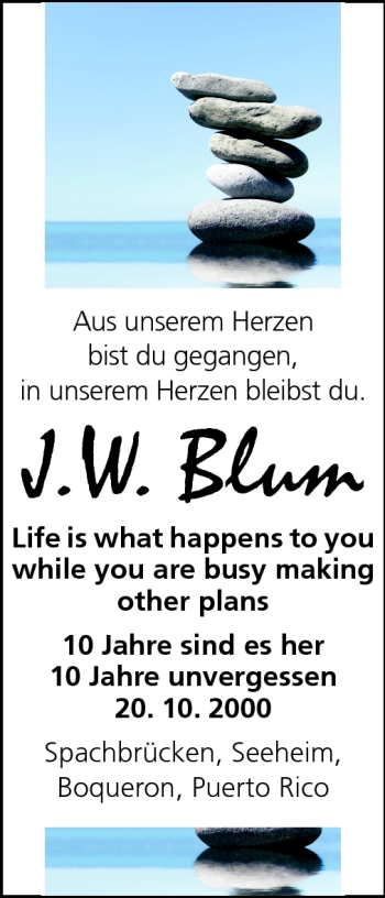 Traueranzeige von J.W. Blum von Echo-Zeitungen (Gesamtausgabe)