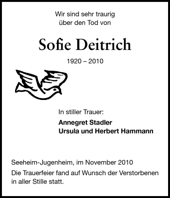 Traueranzeige von Sofie Deitrich von Echo-Zeitungen (Gesamtausgabe)