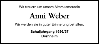 Traueranzeige von Anni Weber von Rüsselsheimer Echo, Groß-Gerauer-Echo, Ried Echo