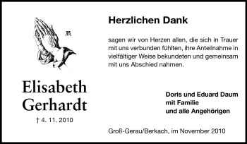 Traueranzeige von Elisabeth Gerhardt von Rüsselsheimer Echo, Groß-Gerauer-Echo, Ried Echo