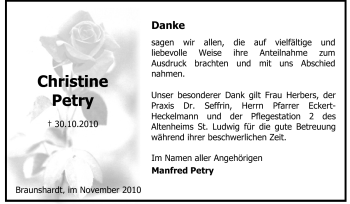 Traueranzeige von Christine Petry von Echo-Zeitungen (Gesamtausgabe)