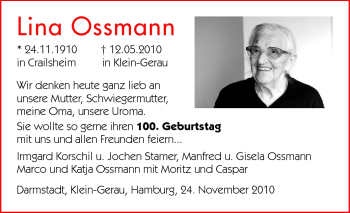Traueranzeige von Lina Ossmann von Rüsselsheimer Echo, Groß-Gerauer-Echo, Ried Echo