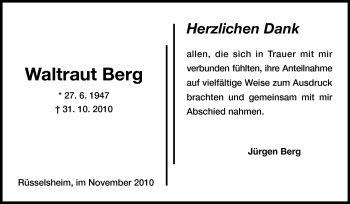Traueranzeige von Waltraud Berg von Rüsselsheimer Echo, Groß-Gerauer-Echo, Ried Echo