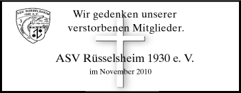 Traueranzeige von ASV Rüsselsheim von Rüsselsheimer Echo, Groß-Gerauer-Echo, Ried Echo
