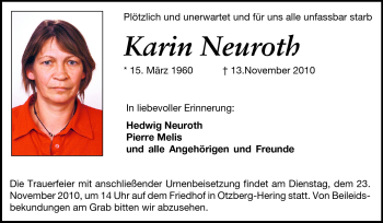 Traueranzeige von Karin Neuroth von Darmstädter Echo, Odenwälder Echo, Rüsselsheimer Echo, Groß-Gerauer-Echo, Ried Echo