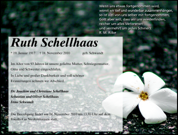Traueranzeige von RUTH SCHELLHAAS von Echo-Zeitungen (Gesamtausgabe)