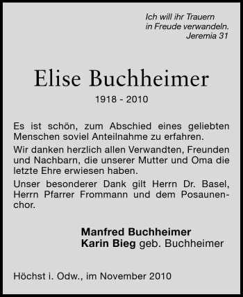 Traueranzeige von Elise Buchheimer von Odenwälder Echo