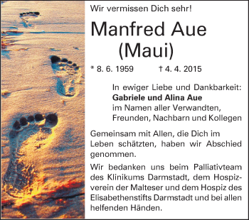 Traueranzeige von Manfred Aue von Echo-Zeitungen (Gesamtausgabe)
