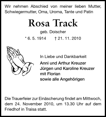 Traueranzeige von Rosa Track von Echo-Zeitungen (Gesamtausgabe)