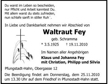 Traueranzeige von Waltraut Fey von Echo-Zeitungen (Gesamtausgabe)