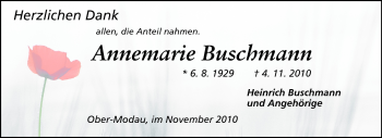 Traueranzeige von Annemarie Buschmann von Echo-Zeitungen (Gesamtausgabe)